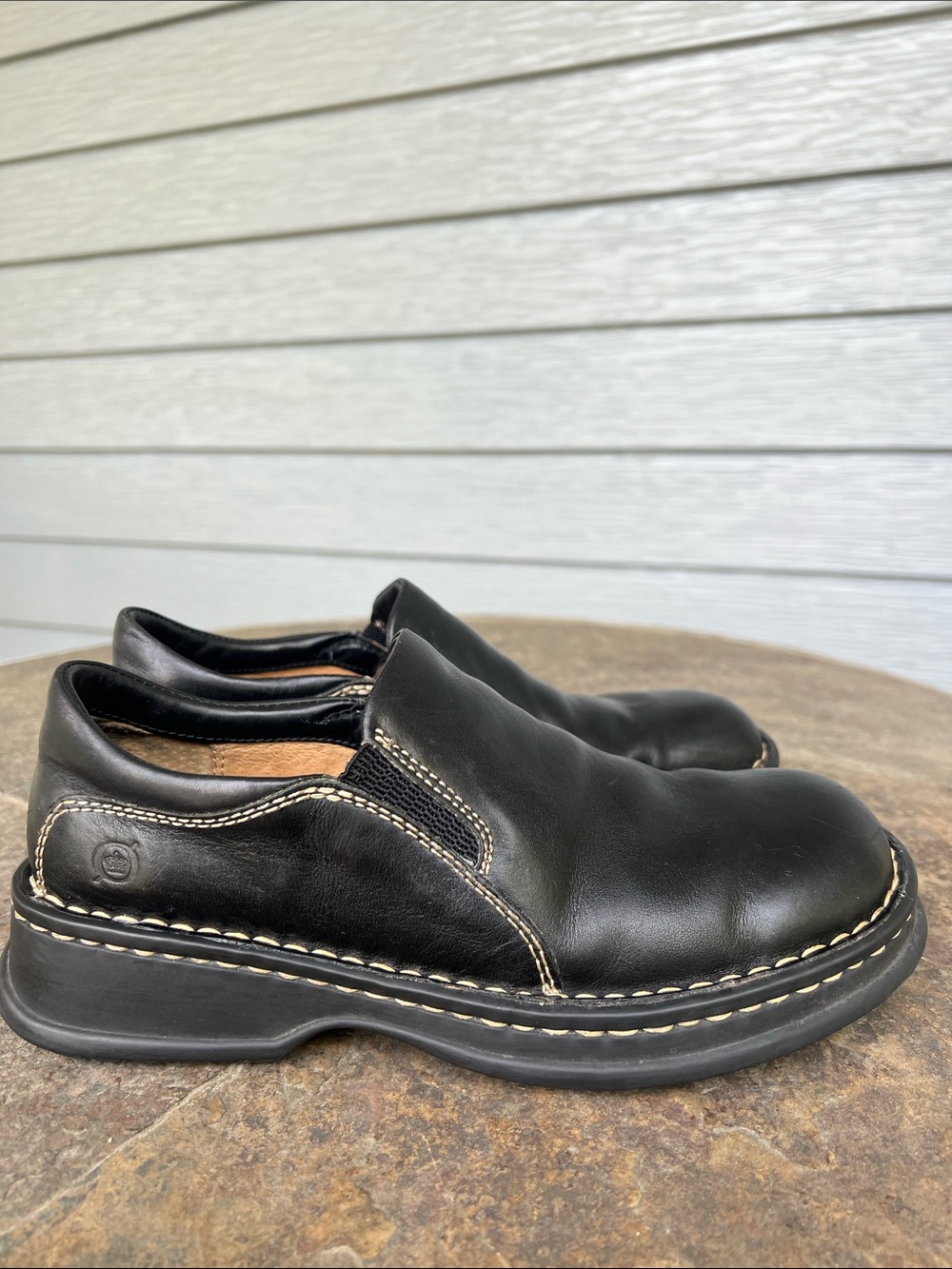 Born Black Slip-On Leather Loafers with Contrast Stitching